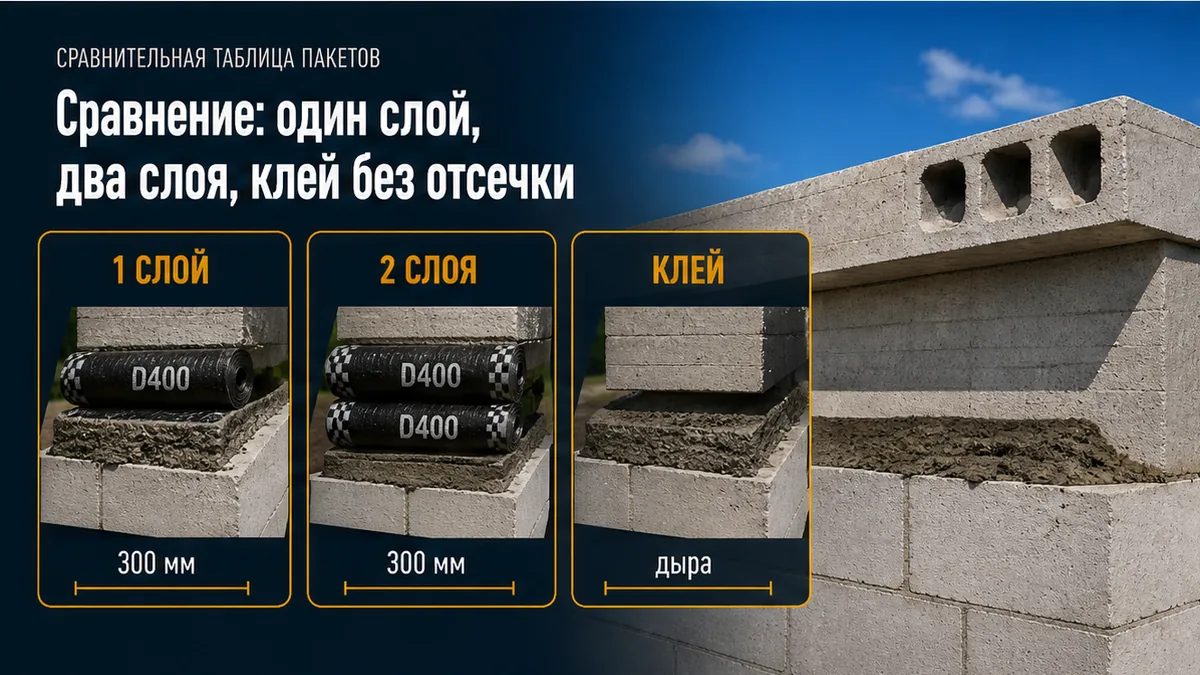 Сравнение: рубероид в один слой, двухслойный рулон, клей без отсечки