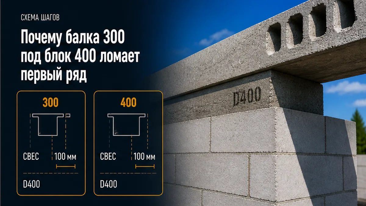 Первый ряд газоблока 400 мм со свесом с висячей балки 300 мм