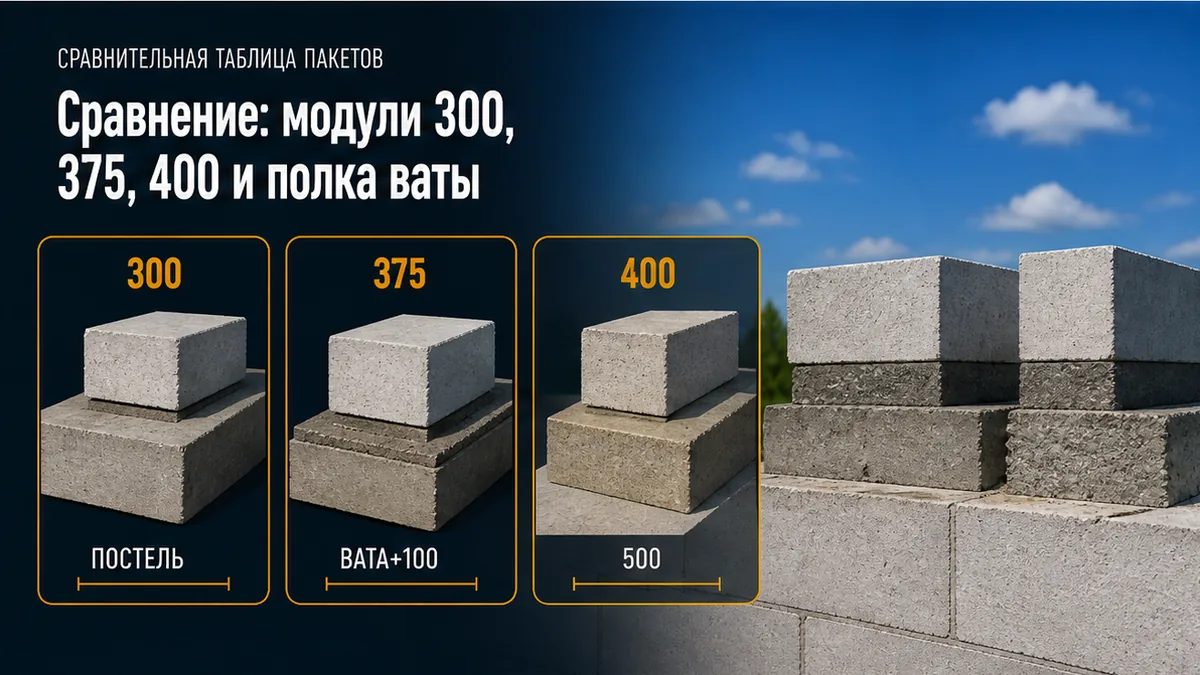 Сравнение постели ростверка под газоблок 300, 375 и 400 мм с полкой под вату