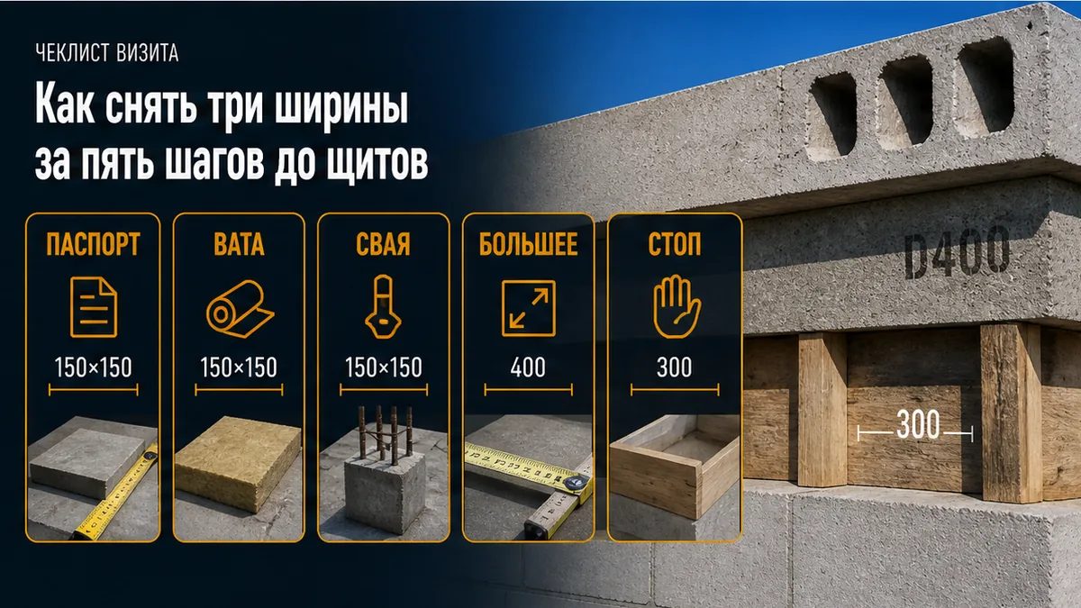Пять шагов: модуль блока, полка ваты, свес от сваи, большее число, стоп заливки
