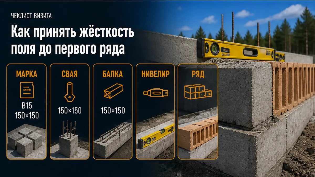 Пять шагов: марка блока, поле свай, висячая балка, нивелир, отметка первого ряда Porotherm