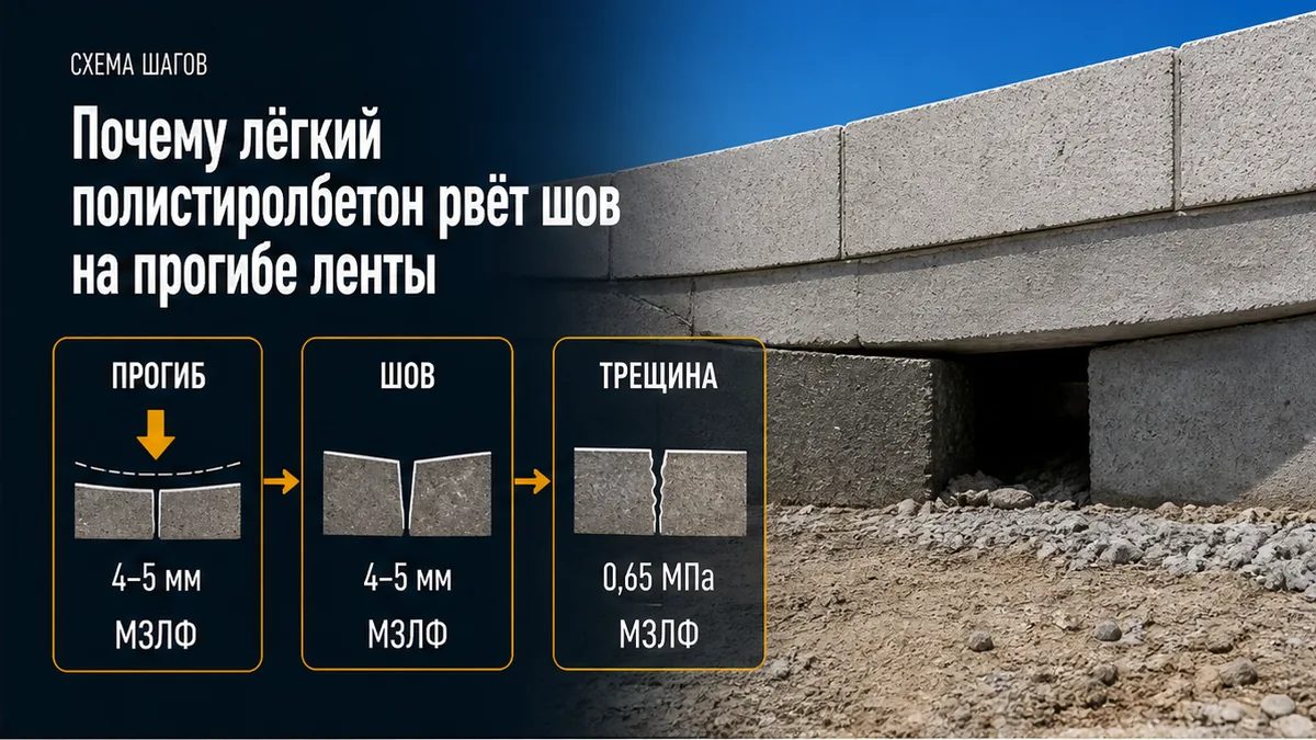 Мелкая лента в зоне промерзания изгибается: шов ПСБ 4–5 мм рвётся, хотя вес коробки лента ещё держит