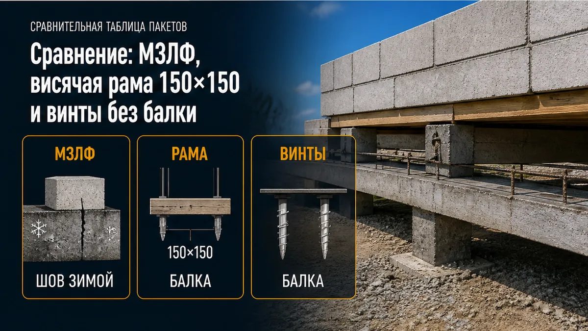 Три схемы под ПСБ: МЗЛФ в пучении, висячий ЖБ-ростверк на 150×150, винты и столбы без рамы