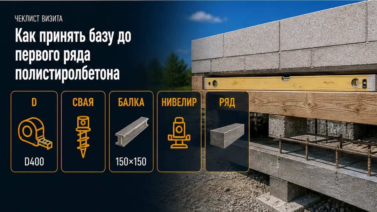 Пять шагов: марка D, поле 150×150, висячая балка, нивелир, первый ряд ПСБ на ЖБ
