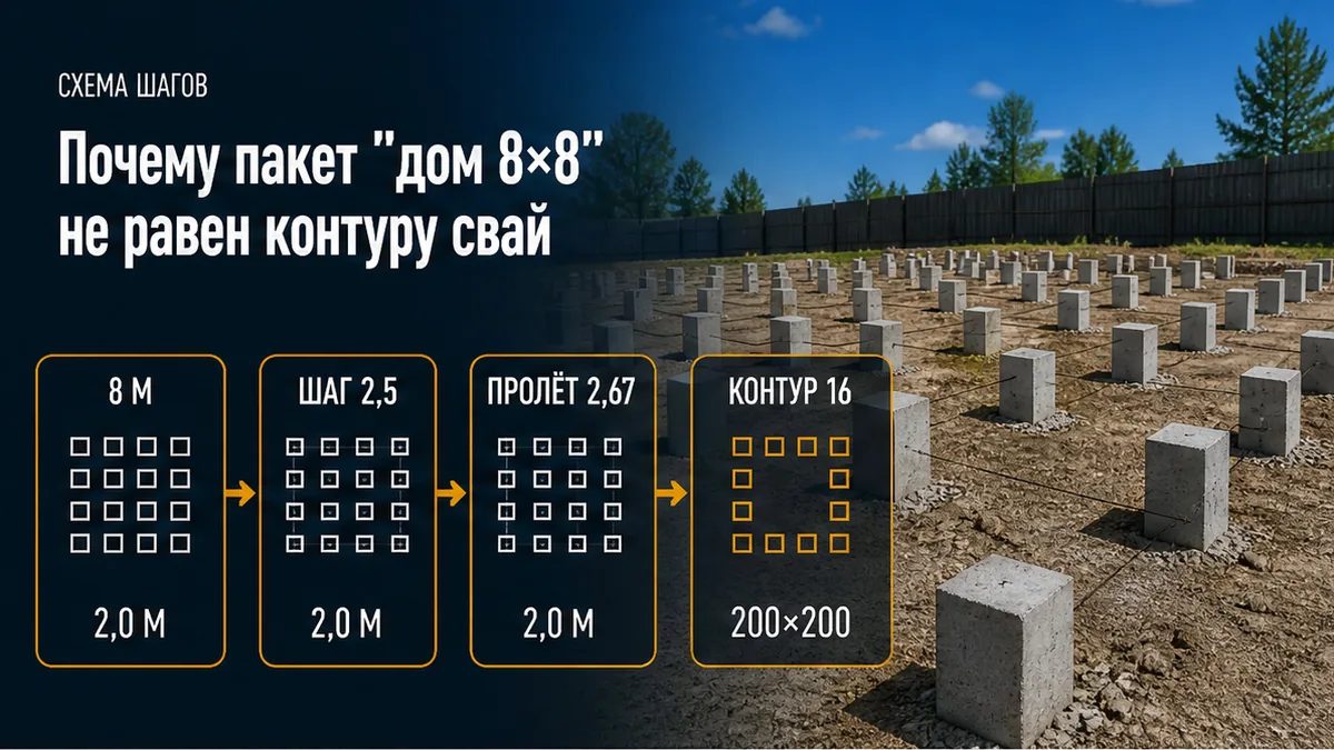 Сторона 8 м при шаге 2,5 м даёт пролёт 2,67 м: контур садится на 16 стволов по 2,0 м
