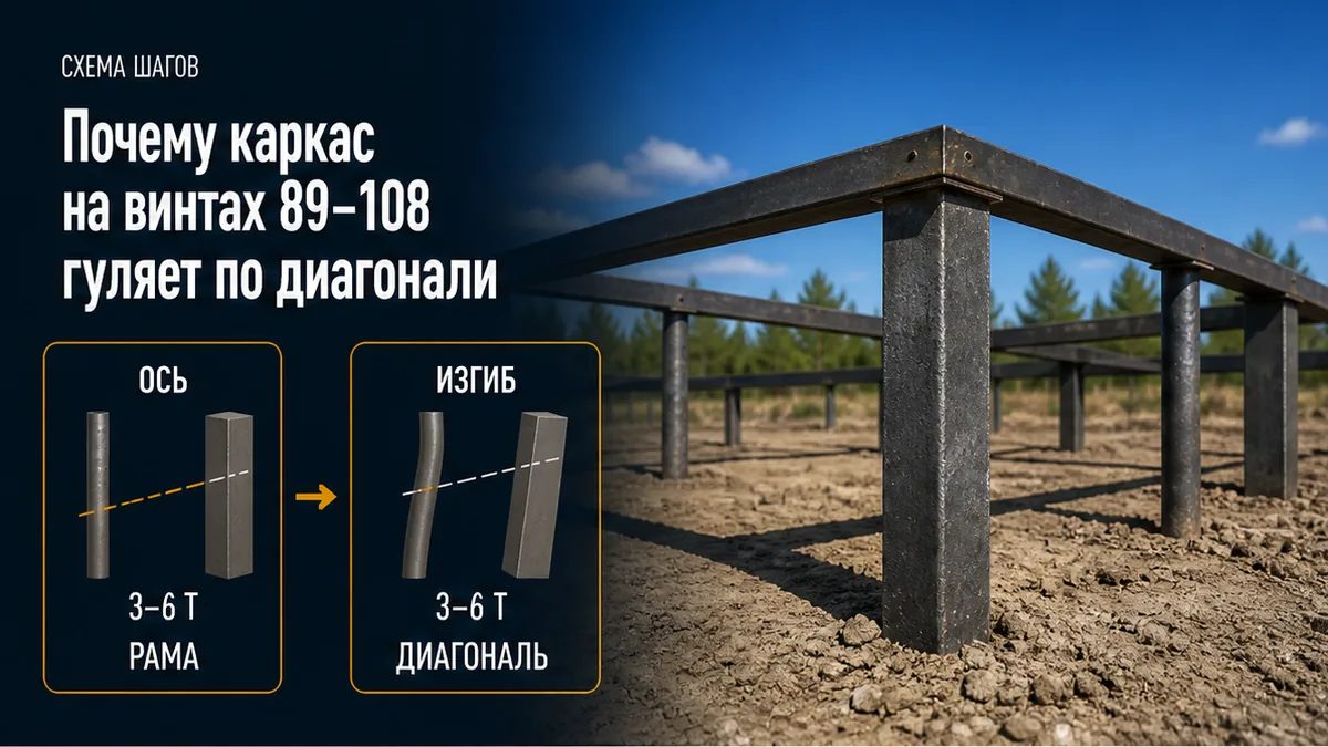 Ось 3–6 т у трубы 108 не равна изгибу: каркас гуляет по диагонали до обшивки