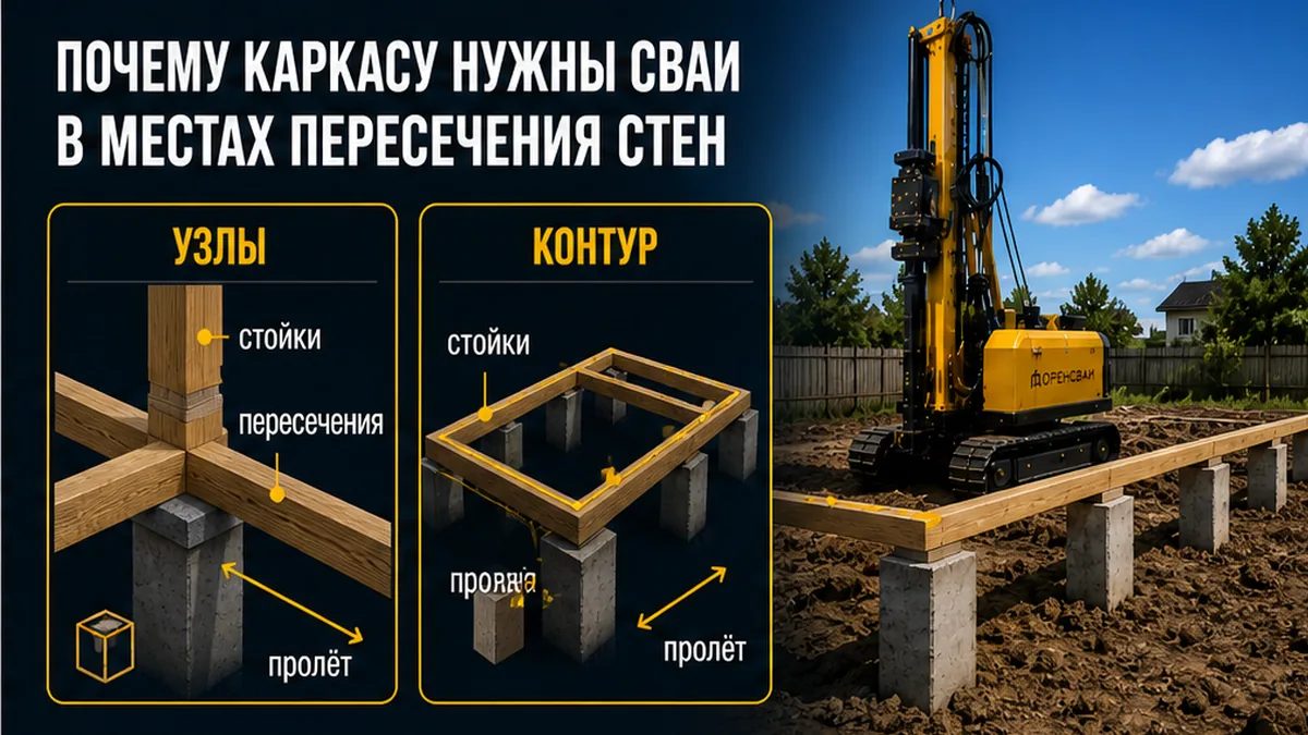 Нагрузка каркаса идёт по стойкам и стенам в узлы, обвязка работает пролётом на изгиб