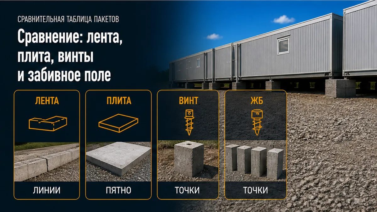 Сравнение ленты, плиты, винтов и забивного ЖБ-поля под заводской модуль