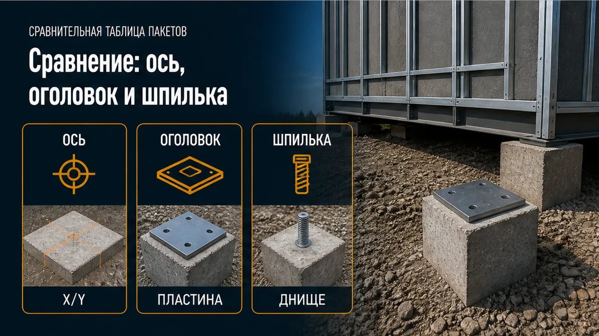Таблица: заводская ось, стальной оголовок и шпилька под отверстие днища модуля