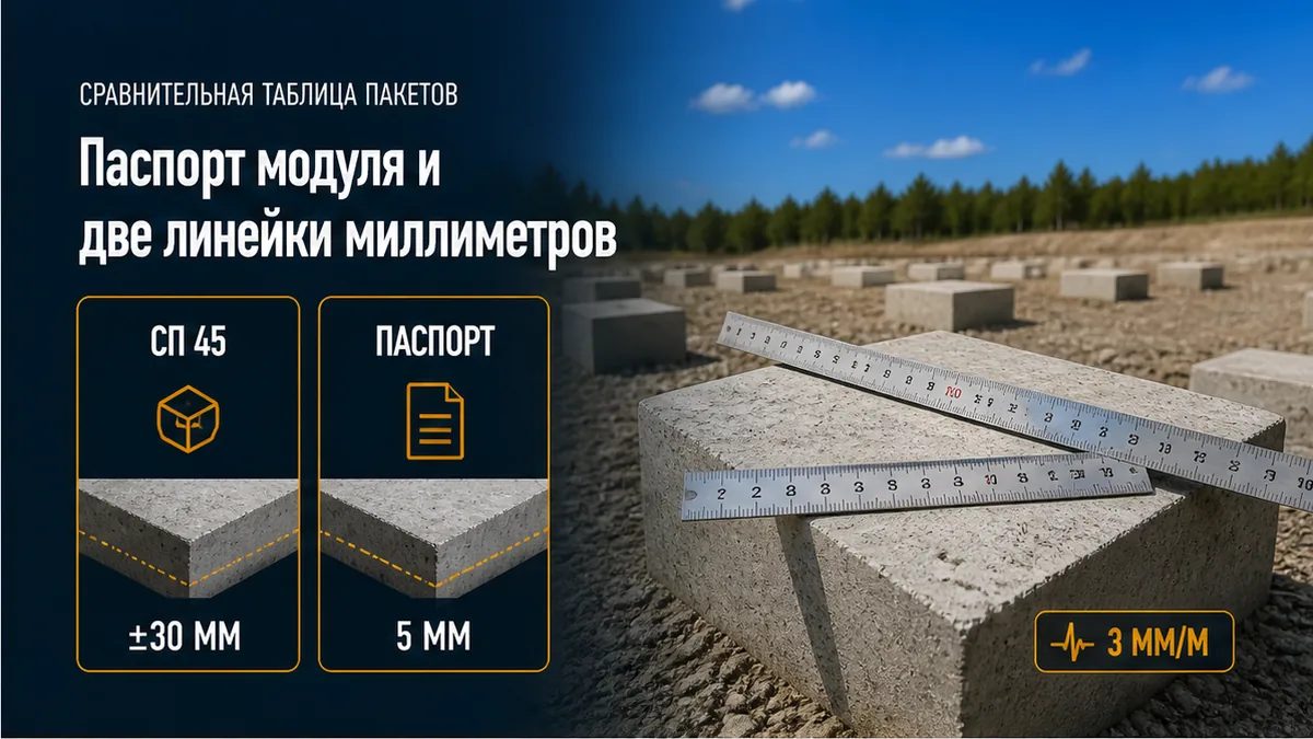 Две линейки: допуск головы сваи ±30 мм по СП 45 и плоскость модуля около 5 мм