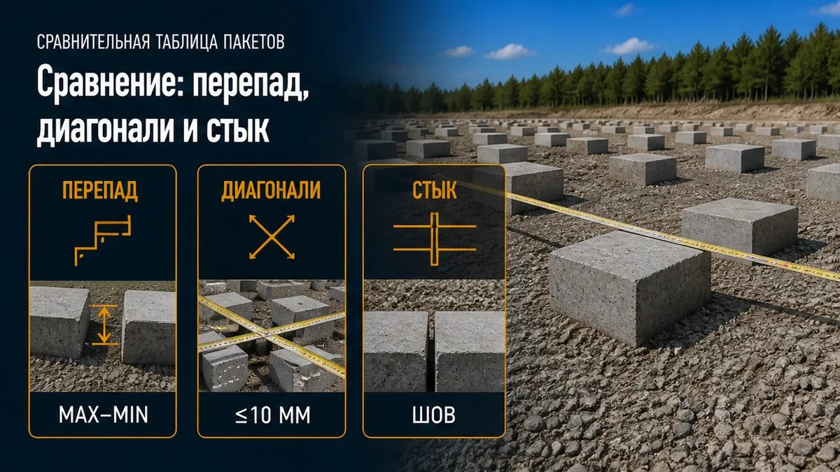 Таблица: перепад опор, диагонали контура и стык двух модулей против допуска СП 45