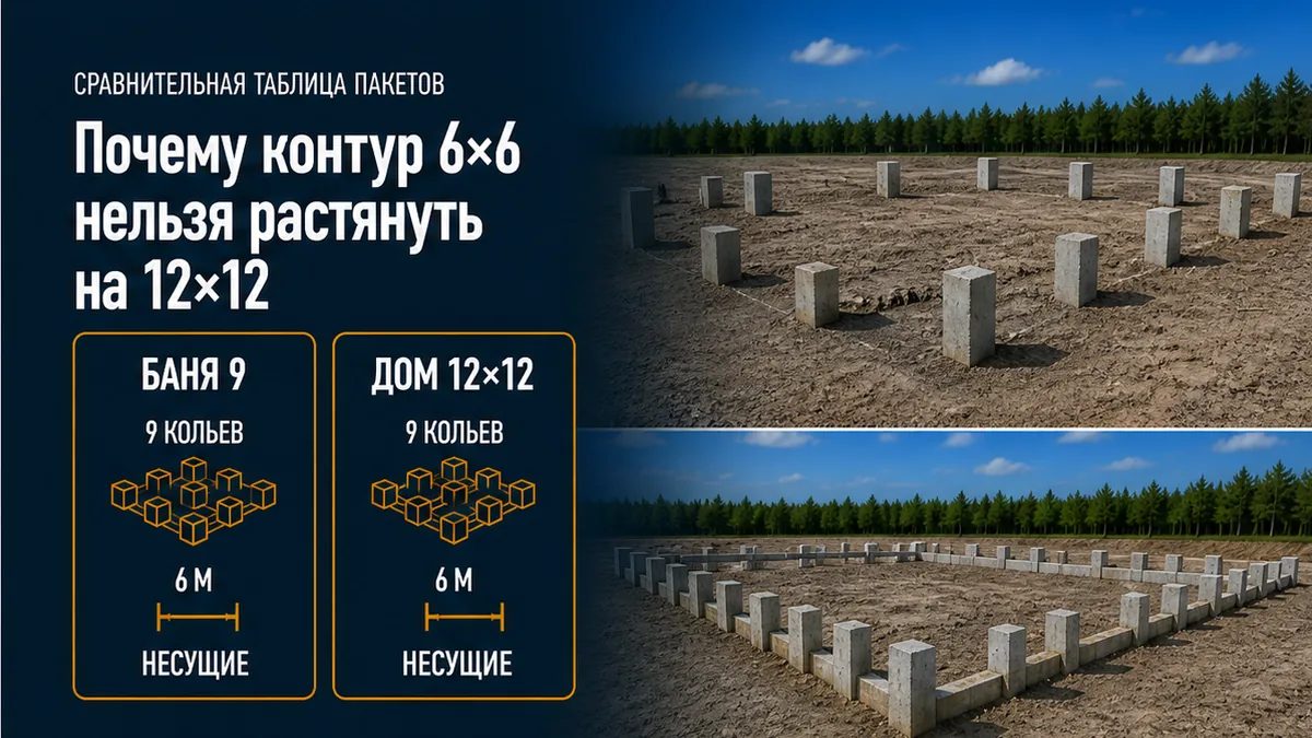 Девять кольев с бани 6х6 на контуре жилого 12х12: пустой центр около 6 м