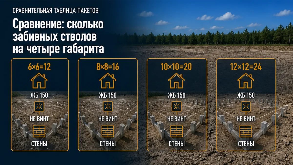 Ориентир забивных ЖБ: 12, 16, 20 и 24 ствола на каркас 6х6, 8х8, 10х10 и 12х12