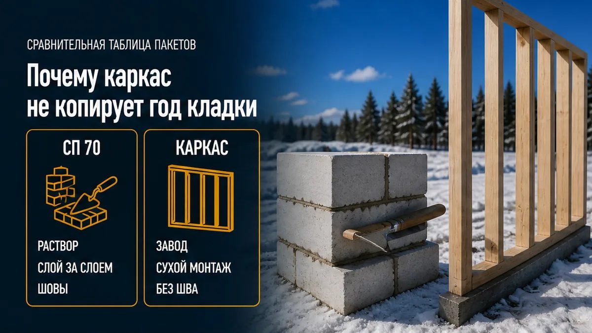 СП 70: прогрев раствора и разгрузка на оттепели против сухого каркаса без шва