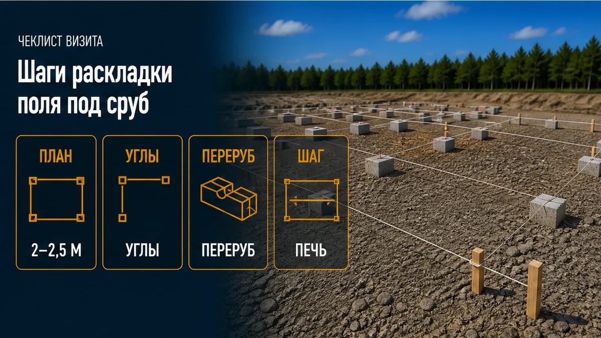 Раскладка поля: стены сруба, колья на углах и перерубах, шаг 2–2,5 м, печь отдельно