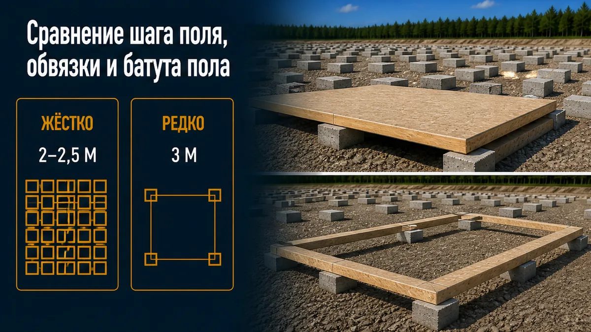 Жёсткое забивное поле 2–2,5 м и стык над оголовком против сетки через три метра