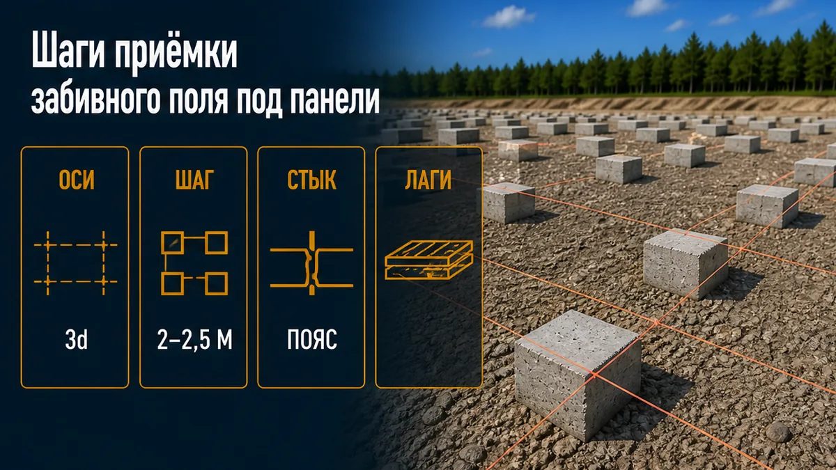 Приёмка поля под СИП: оси панелей, шаг 2–2,5 м, стык над оголовком, доп. лаги