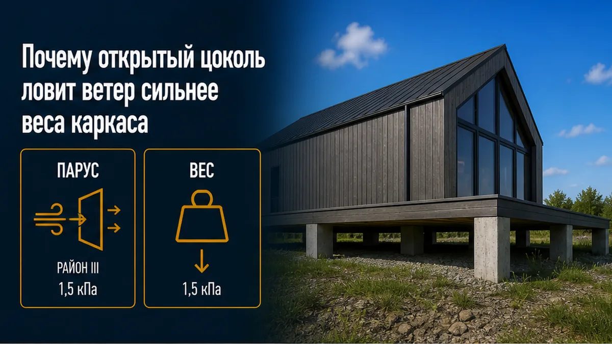 Открытый цоколь барнхауса: парус фронтона и свободный ствол сильнее веса каркаса