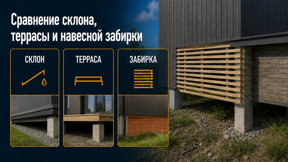 Парящий амбар на забивных ЖБ против цоколя-ленты с земли и консоли террасы
