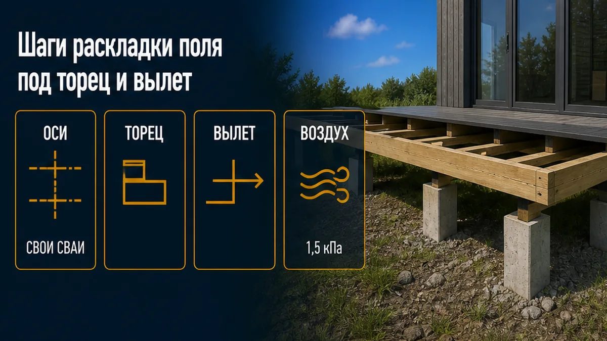 Раскладка поля барнхауса: сваи под остеклённый торец и вылет террасы