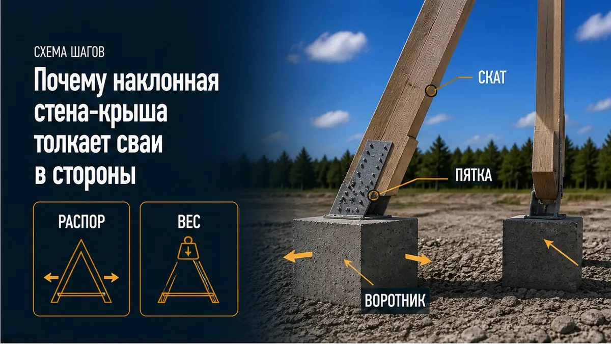 Распор наклонных ног шалаша на головы свай: воротник у конька не держит пятки
