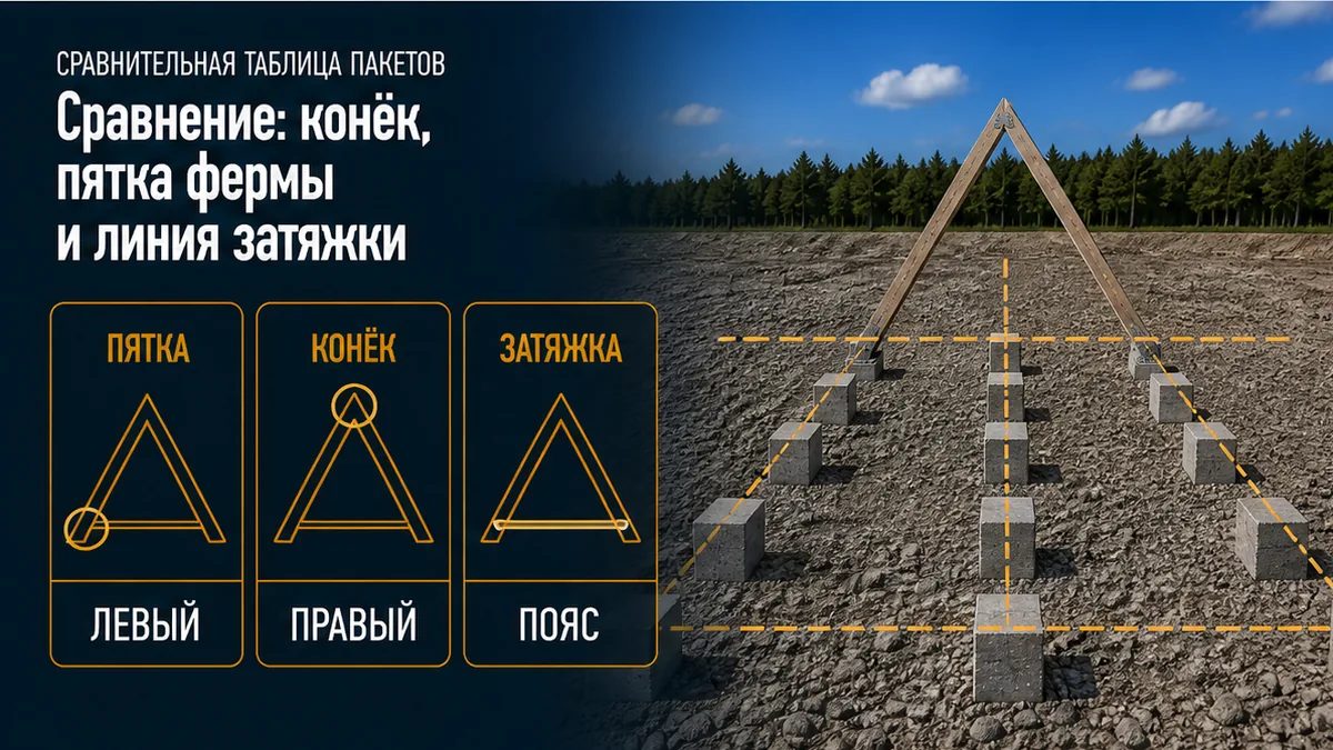 Три линии поля A-frame: пятки скатов, ось конька и затяжка-ростверк