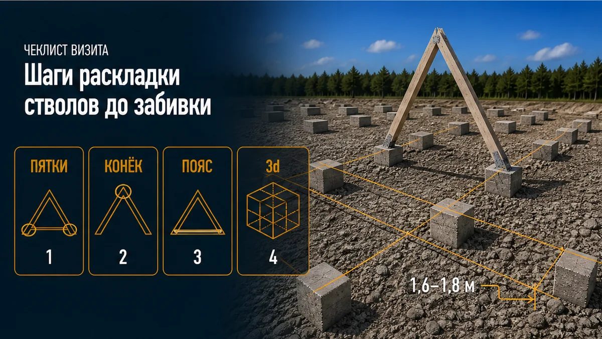 Раскладка стволов под шалаш: пятки, конёк, пояс и низ сваи ниже промерзания