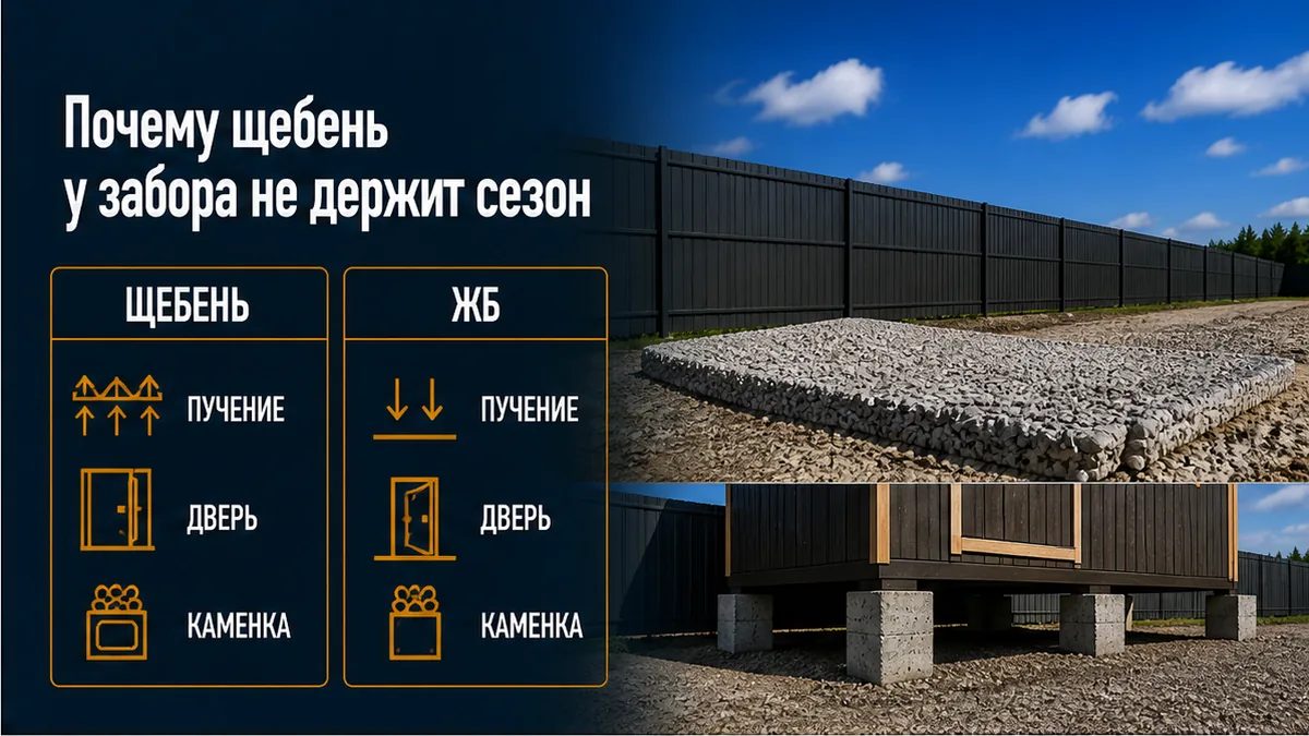 Сухая подушка щебня у забора держит модуль в сентябре и гуляет весной на пучении