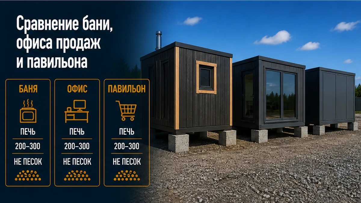 Таблица: модульная баня с кустом под печь, офис с людьми 200–300 кг/м², павильон не на песке