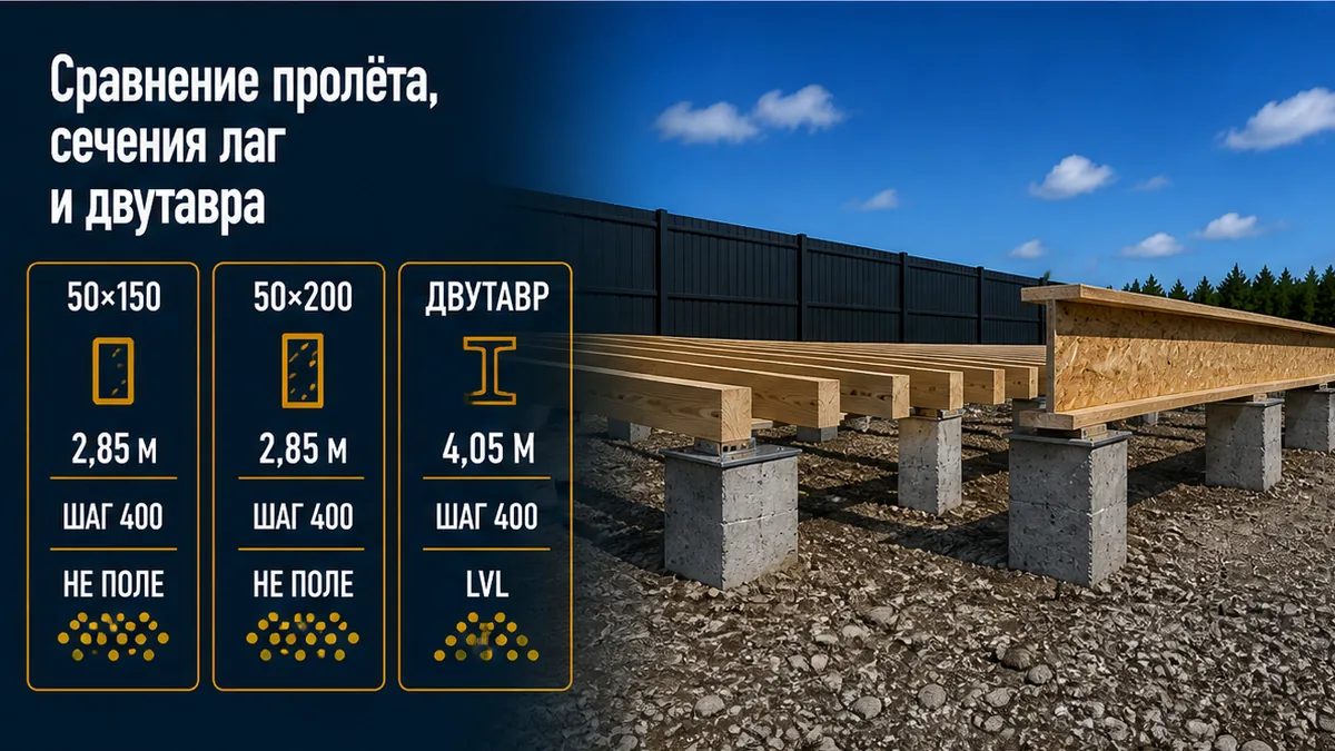 Сравнение: 50×150 шаг 600, 50×200 шаг 400 и деревянный двутавр на длинном пролёте