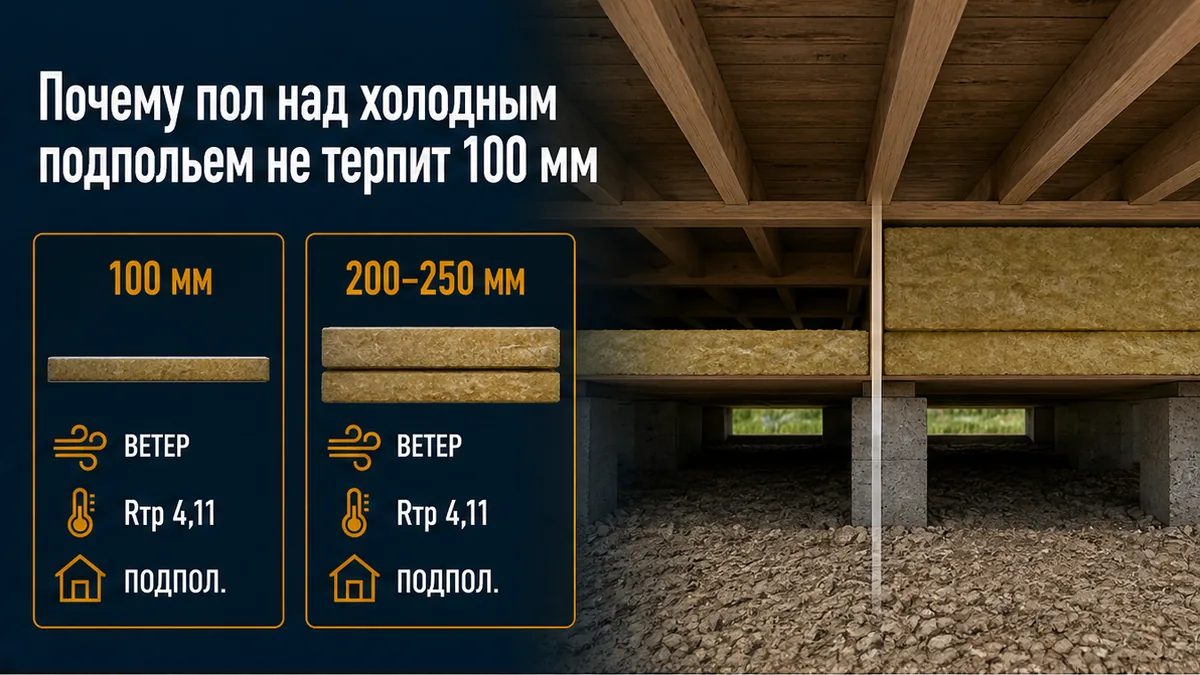 Перекрытие над продуваемым цоколем: 100 мм не держат Rтр 4,11, нужны 200–250 мм