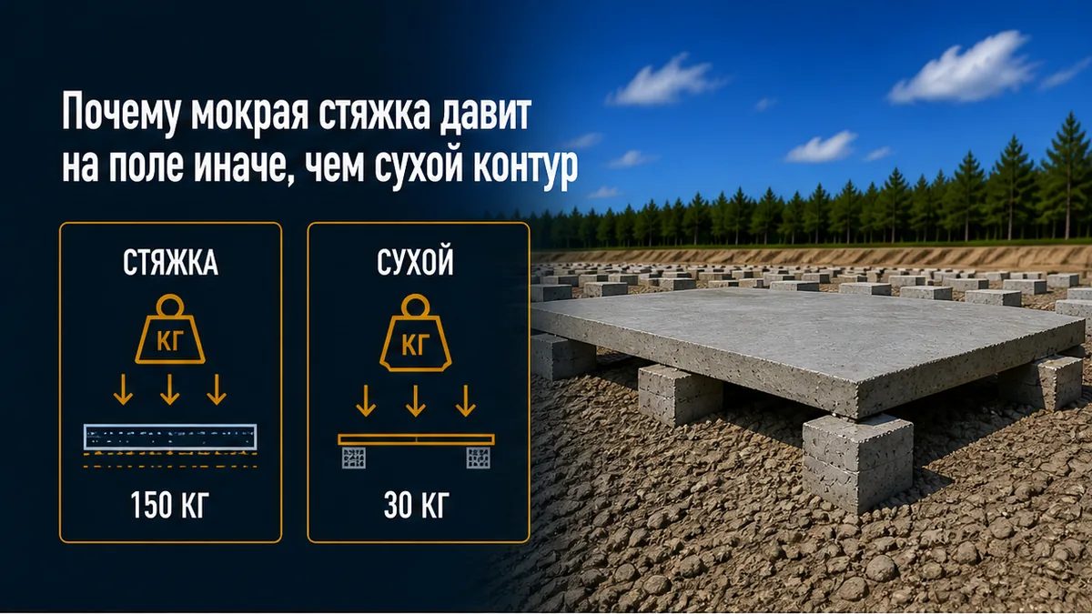 Мокрая стяжка давит на забивное поле равномерно около 150 кг на квадрат, сухой контур — десятки килограммов