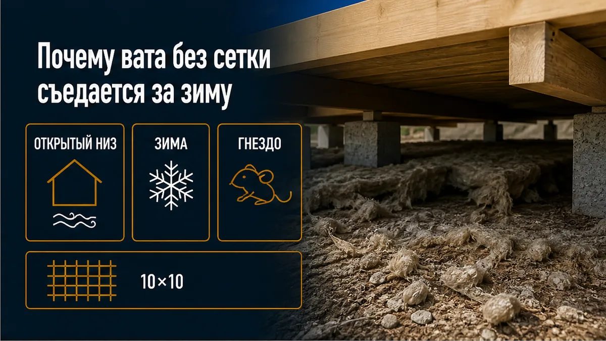 Открытое подполье: вата без сварной сетки снизу лаг за зиму становится гнездом