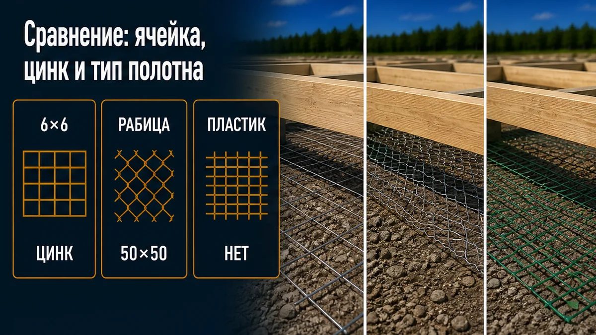 Сравнение: сварная оцинковка 6×6, рабица 50×50 и садовый пластик под лагами