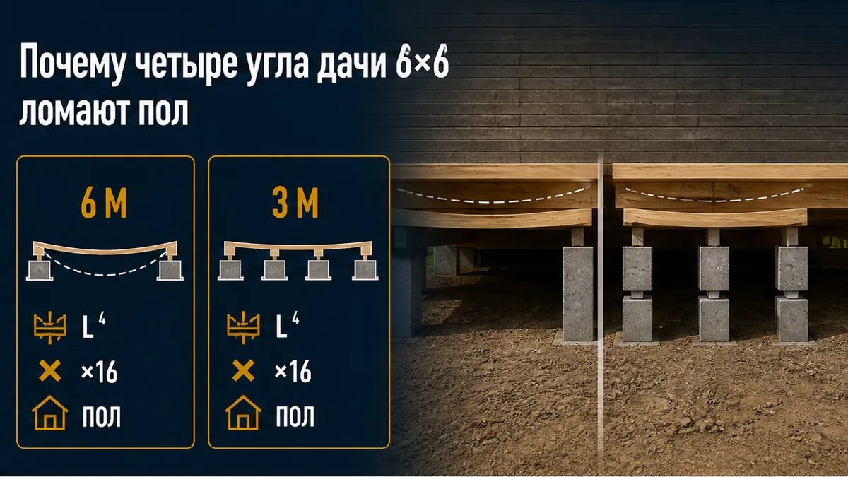 Пролёт лаги 6 м на четырёх углах против сетки 3×3 с ячейкой около 3 м