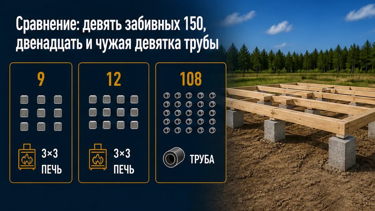 Сравнение сеток дачи 6×6: девять забивных 150, двенадцать под внутреннюю ось и чужая девятка трубы 108