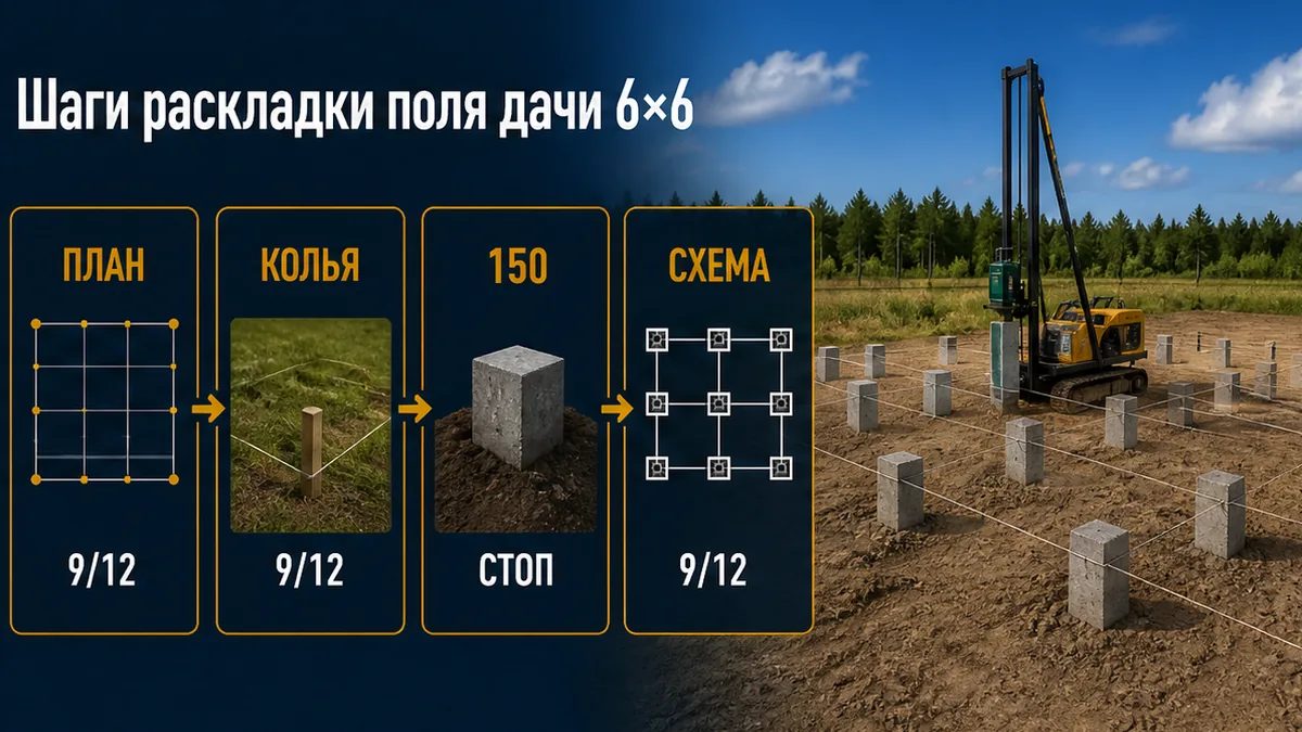 Шаги раскладки: план 6×6, колья 9 или 12, забивка 150×150, исполнительная схема