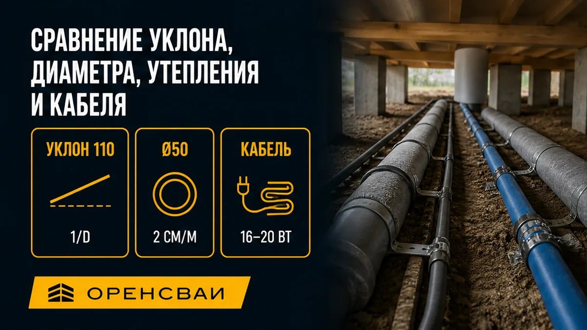 Сравнение: уклон 110 и 50, утепление выпуска, греющий кабель на воде