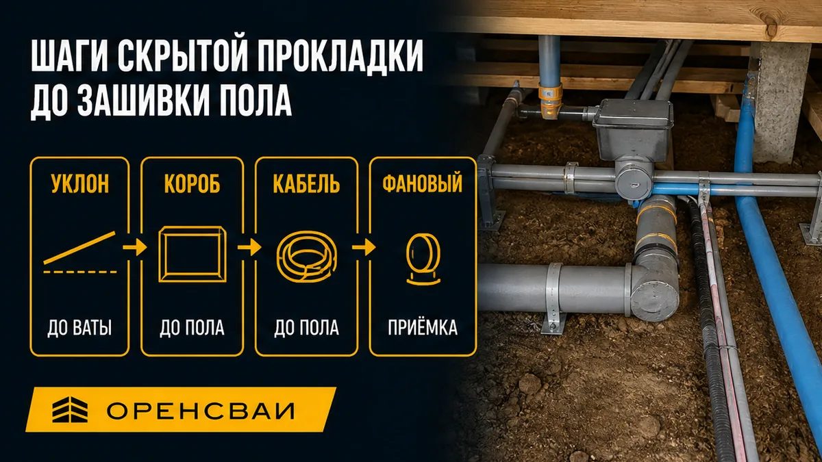 Шаги скрытой прокладки: уклон, короб, кабель, фановый стояк до зашивки пола