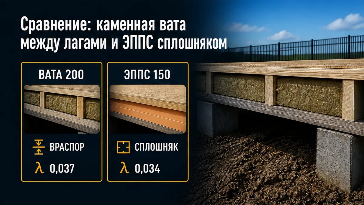 Сравнение: вата около 200 мм между лагами и ЭППС около 150 мм сплошным контуром