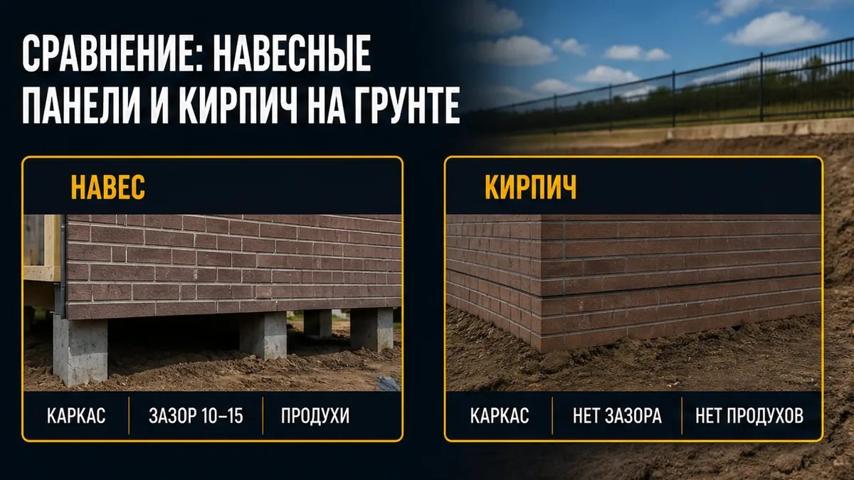 Сравнение: навесные цокольные панели на каркасе к сваям и кирпич на грунте