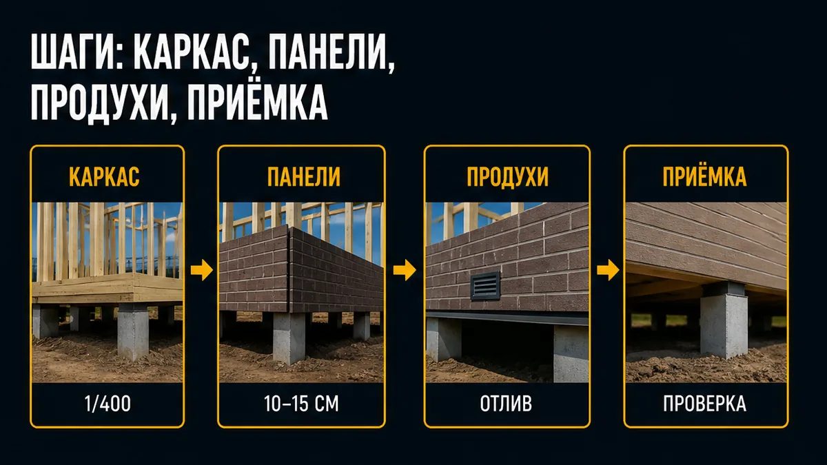Шаги монтажа: каркас к сваям, панели, продухи ориентир 1/400, приёмка