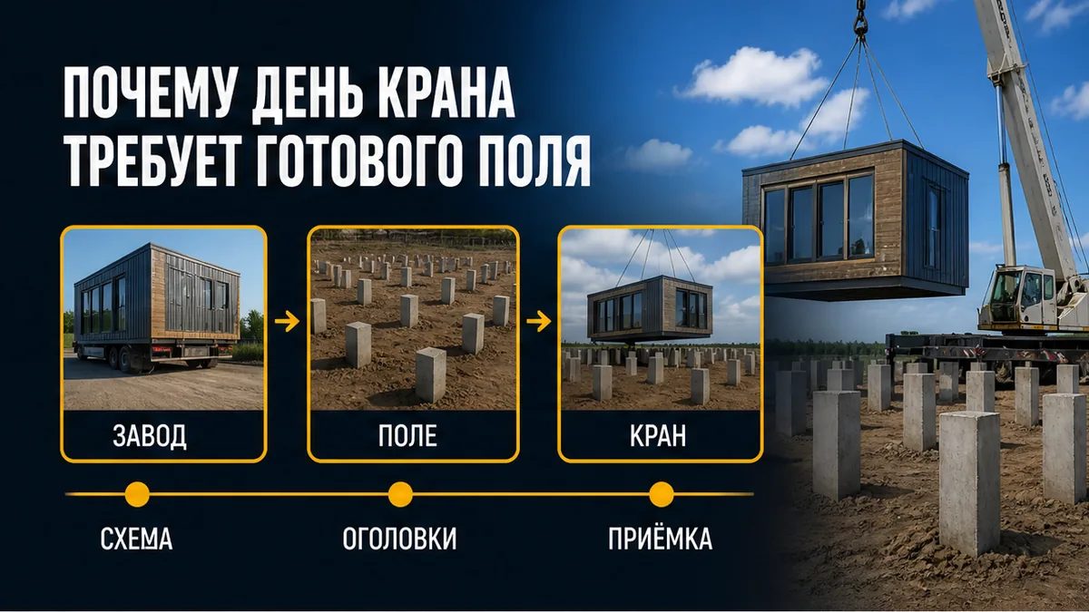День крана: заводской модуль садится только на готовое свайное поле с оголовками