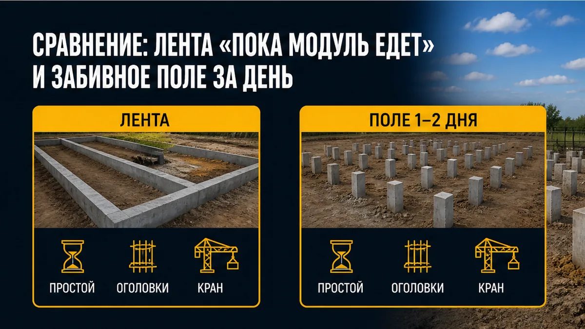 Сравнение сроков: лента набирает прочность и забивное ЖБ-поле за 1–2 дня к окну крана