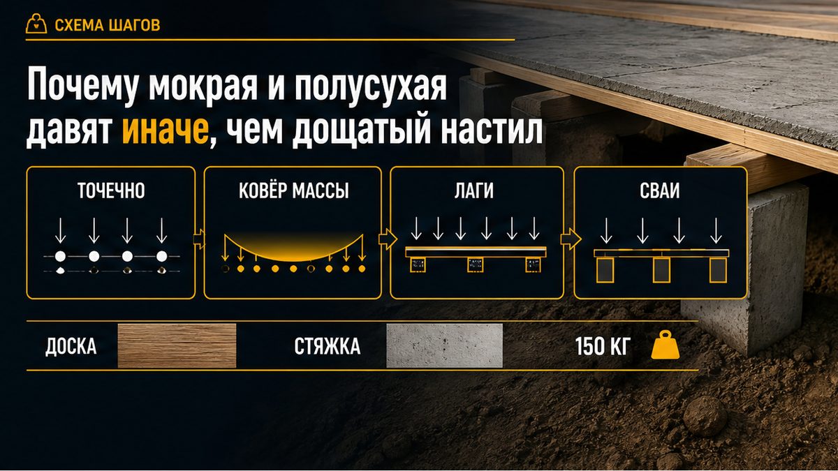 Как мокрая и полусухая стяжка равномерно грузит лаги и сваи