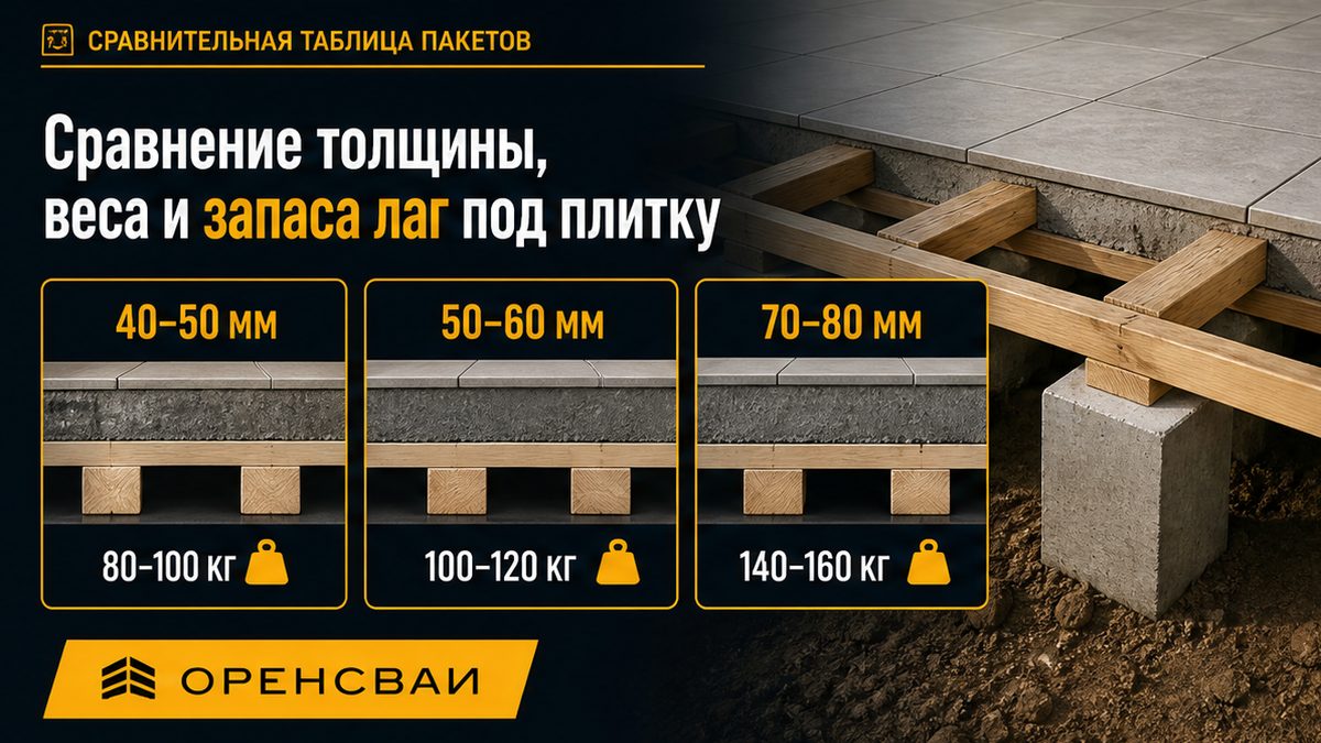Сравнение толщины стяжки, веса кг/м² и запаса лаг под плитку
