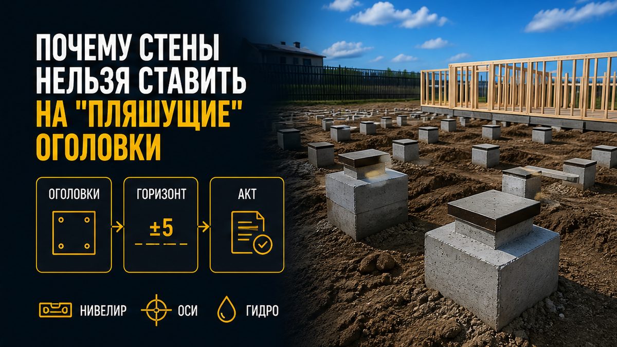 Приёмка оголовков свайного поля: горизонт, оси и акт до каркаса стен
