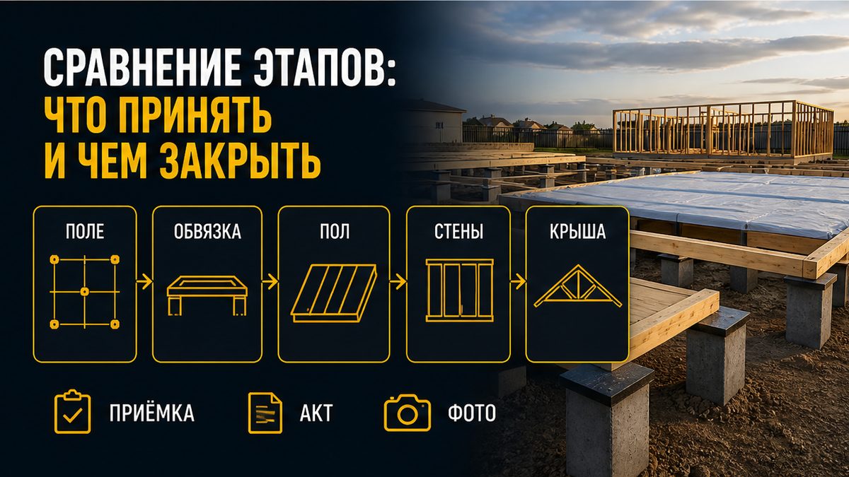 Таблица этапов каркасника на сваях: поле, обвязка, пол, стены, крыша