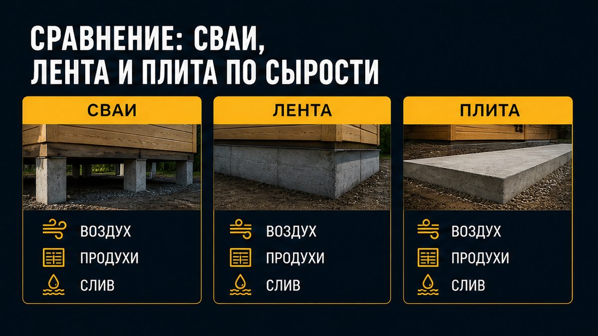 Сравнение свай, ленты и плиты для бани по сырости под полом
