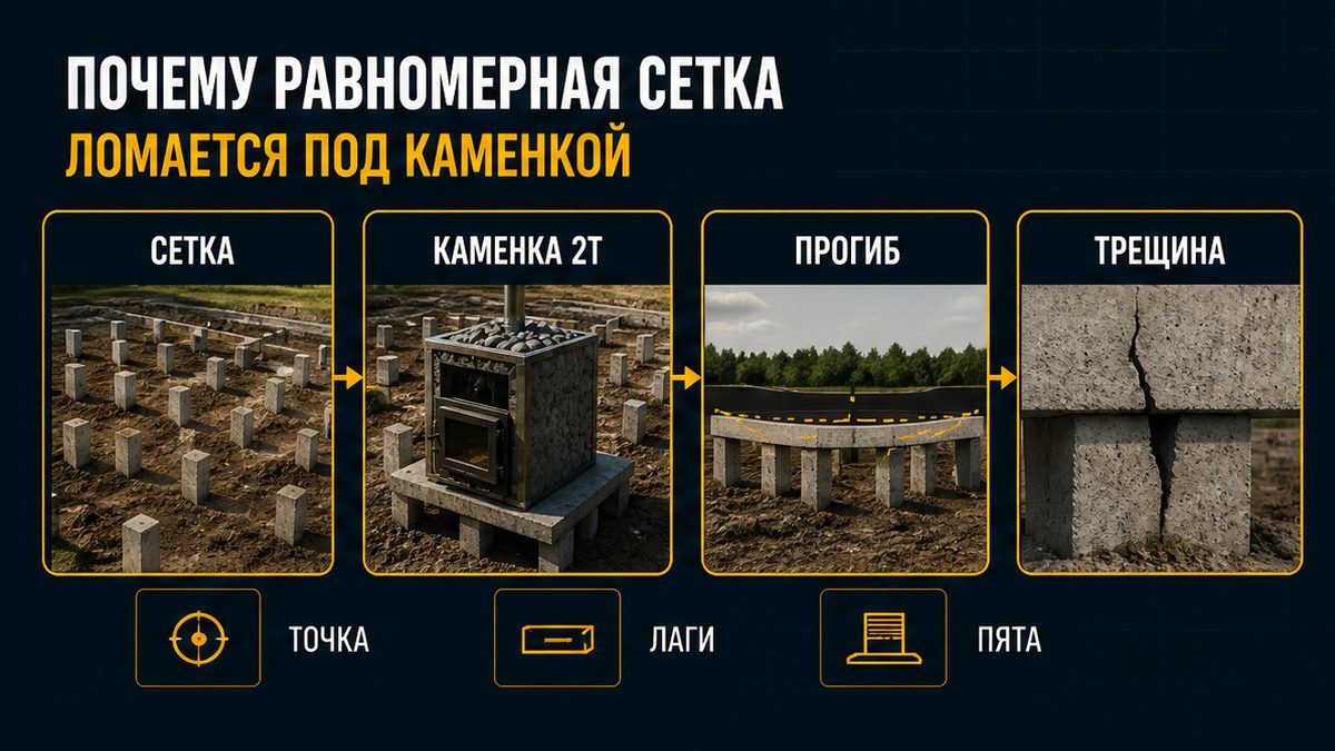 Почему равномерная сетка свай ломается под тяжёлой каменкой